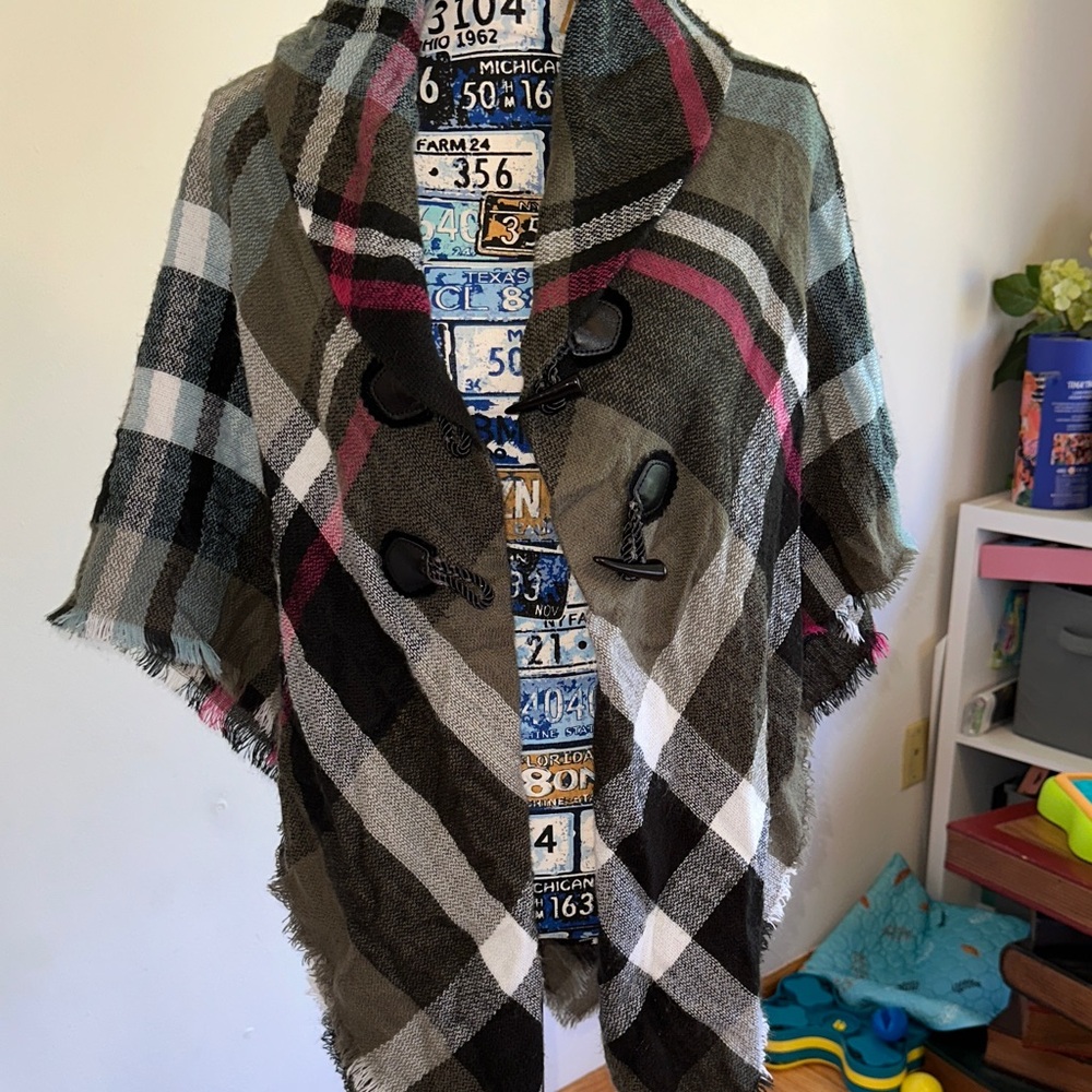 Mixit Plaid Poncho with Toggle Closure - Black, Brown, Pink, Blue